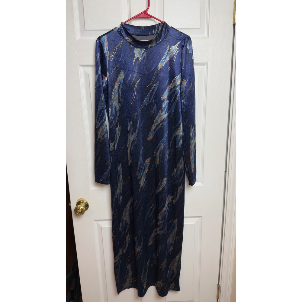 Traffic‎ People XL Blue Gold Abstract Metallic Mock Neck Maxi Dress Long Sleeve